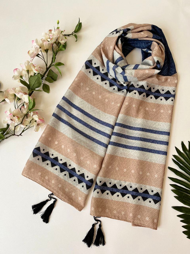 خرید و قیمت شال نخی طرحدار آبی کرم