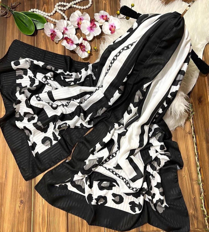 خرید شال نخی طرحدار مشکی سفید شیک زنانه