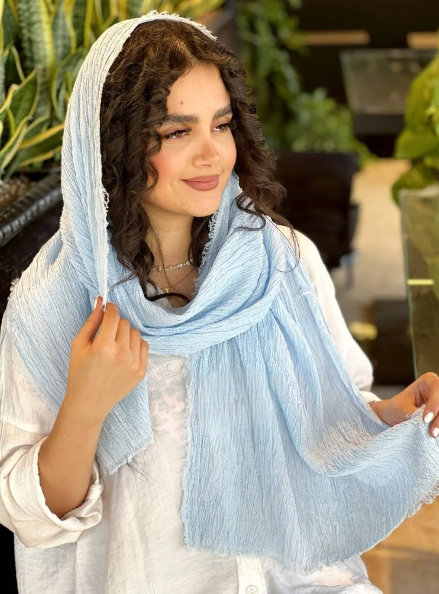 خرید و قیمت شال پاییزه دورریش آبی آسمونی